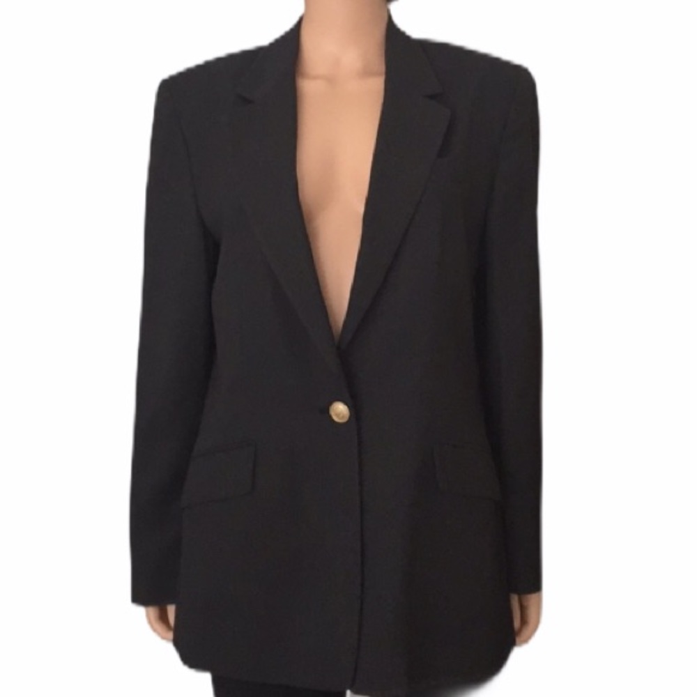 Vintage Talbots 100% Wool Classic Charcoal Gray Blazer Gold Crest Buttons
